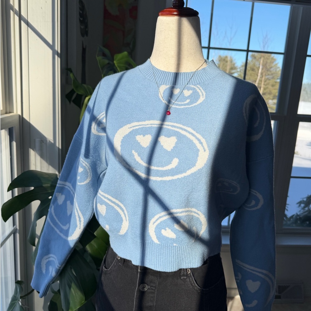 Debut Light Blue Smiley Face Retro Fun Sweater